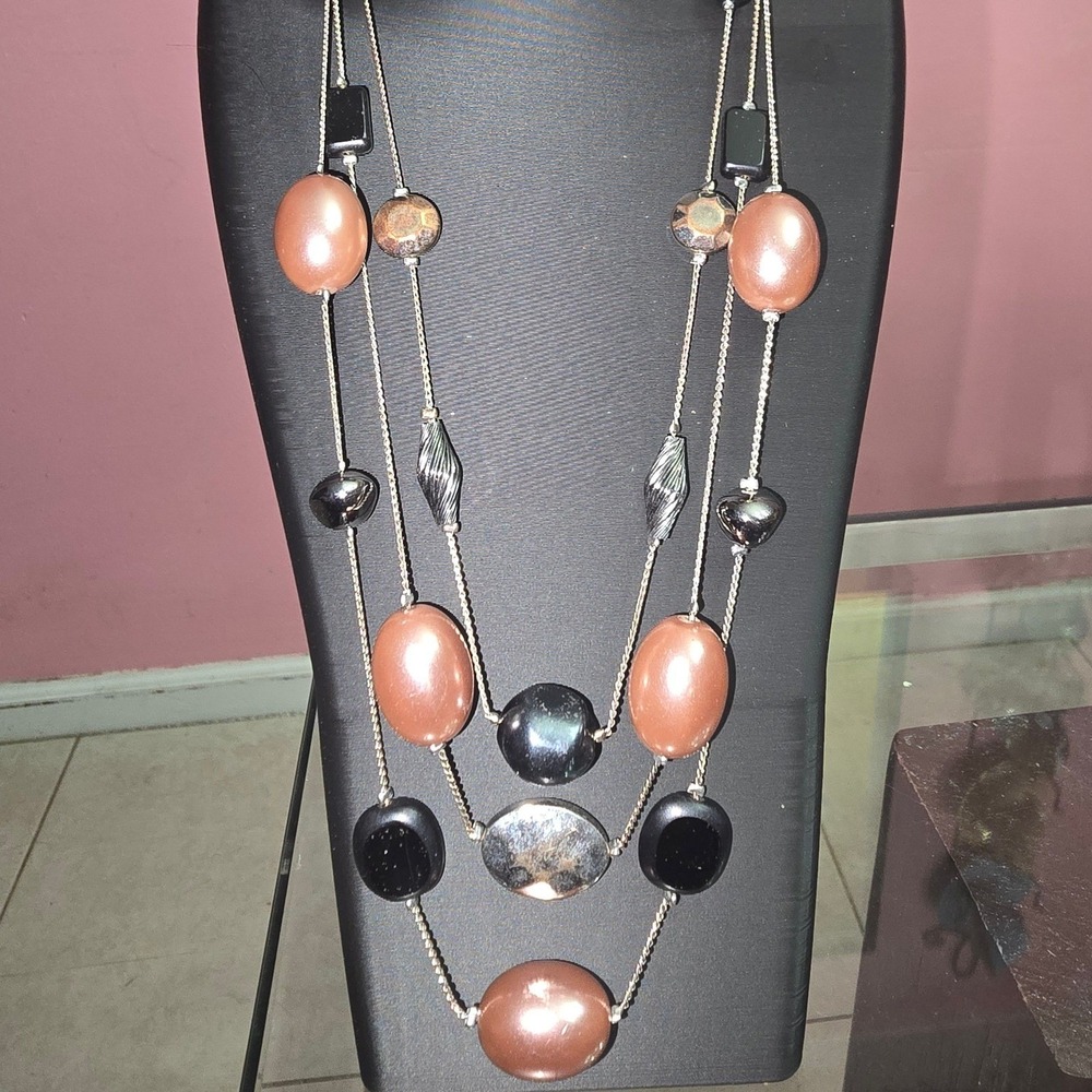 Pink, Black and silver 3 layer necklace contemporary costume jewelry 16"